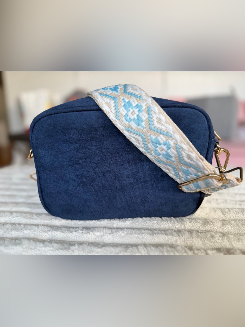 Ah dorned Suede Crossbody Bag with Embroidered Strap - Navy